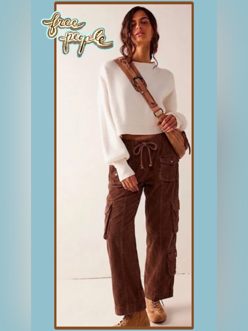 🆕 Free People Tahiti Cord Cargo Pants Small Brown Boho 🍁SO CUTE🍂
